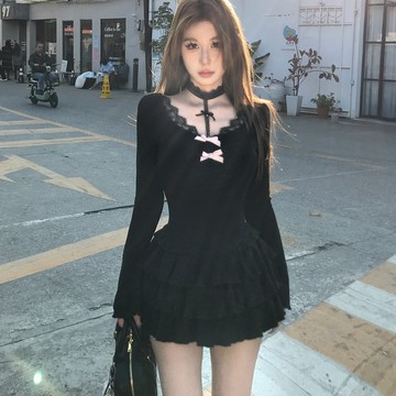 【桃喜Rich女裝】韓系黑色性感蕾絲連身裙女 設計感蝴蝶辣妹修身短洋 長袖洋裝 暗黑風迪士尼學院公主短裙 黑色洋裝