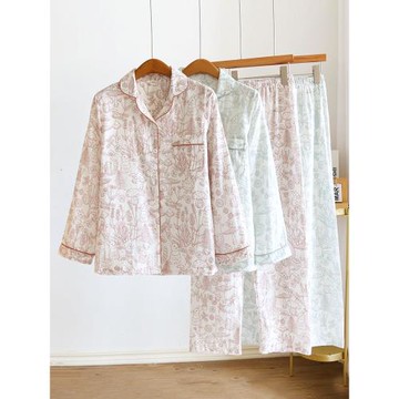 印花純棉紗布睡衣女春秋夏款長袖日系薄款寬松開衫家居服套裝全棉