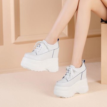 14CM超高跟坡跟運動鞋厚底內增高女鞋真皮系帶小白鞋松糕底休閑鞋