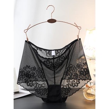 蕾絲內褲女性感火辣全透明鏤空白色冰絲無痕超薄大碼平角包臀青年