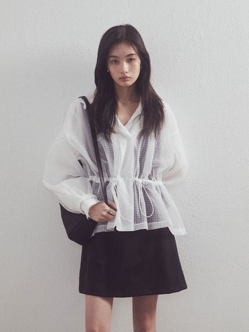 Flare Hooded Sheer Check Windbreaker Jacket [Beige]