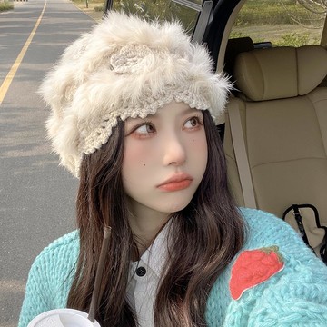 新款兔毛帽子女冬季百搭学生甜美洋气冬天保暖时尚女士冷帽针织帽
