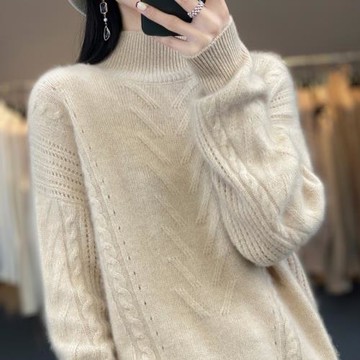 慵懶半高領100%加厚扭花純羊毛衫