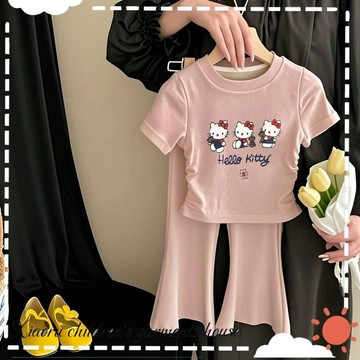 AY 童裝 兒童套裝 女童夏季套裝 女寶寶短袖長褲兩件套 新款休閑寶寶印花外穿喇叭褲 女童卡通洋氣潮流短袖短褲兩件套