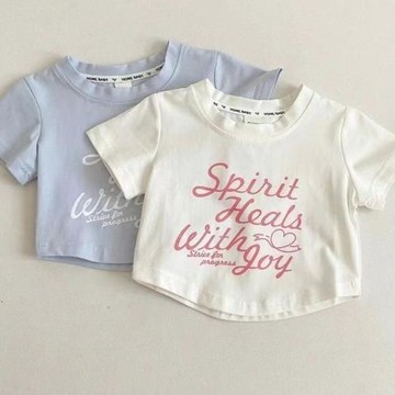 100%純棉女童短袖T恤高腰露臍夏季 兒童白色短款內搭半袖上衣新款