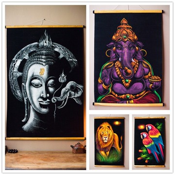 進口東南亞風格別墅客廳裝飾畫玄關山水畫創意熒光卷軸畫佛像掛畫