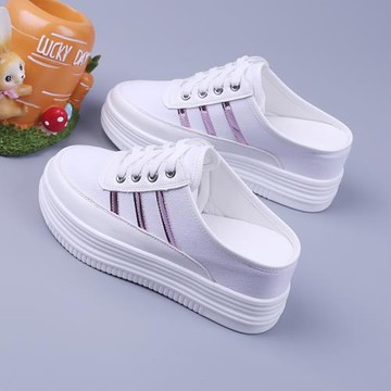 松糕厚底女鞋2025春夏季新款一腳蹬帆布女單鞋內增高半拖小白鞋女