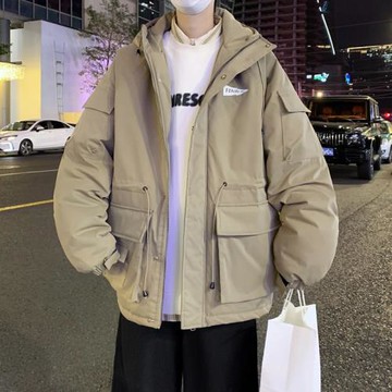 2024新款冬季連帽棉服外套男ulzzang韓版潮流寬松工裝面包服棉衣