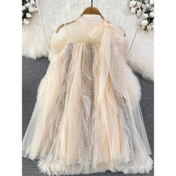 法式初戀甜美仙女裙溫柔風小個子寬松圓領無袖亮片a字網紗連衣裙