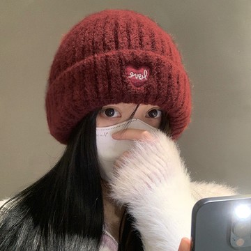 安可拉紅色氛圍針織帽 秋冬百搭新款紅色愛心毛線帽 大頭圍毛線帽韓系百搭冷帽顯臉小