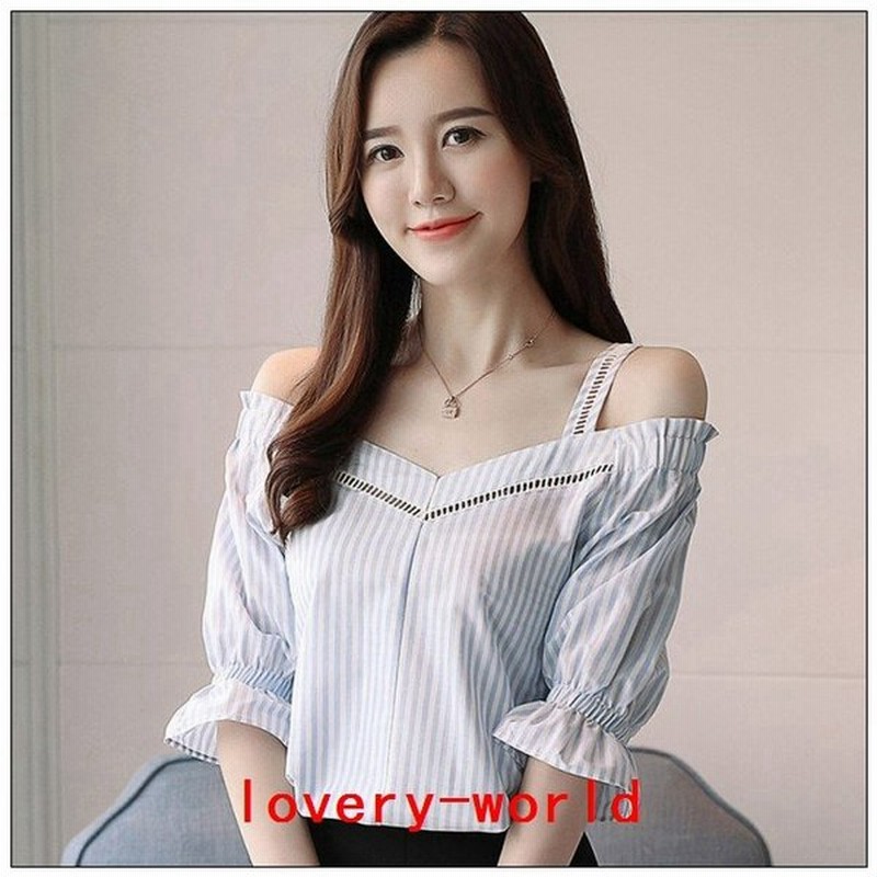 トップスシャツブラウスオフショルダーストラップフリル五分袖ストライプギャザー肩出し大きいサイズ 通販 Lineポイント最大get Lineショッピング