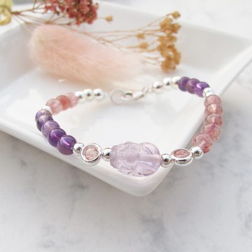 【水晶手串】開運紫晶貔貅 |草莓晶招桃花純銀水晶手鍊| 大員囡仔