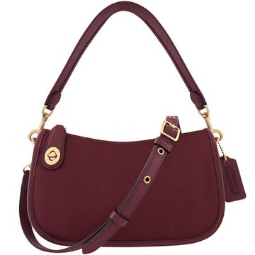 COACH 專櫃款酒紅色荔枝紋皮革佐輕量尼龍肩背/斜背兩用包