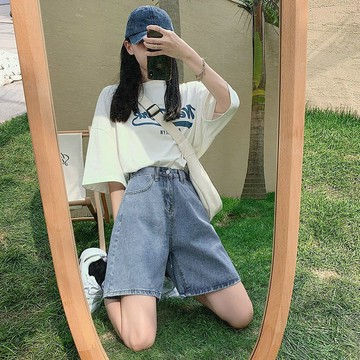 休閒簡約中性五分牛仔短褲女春夏季新款高腰寬鬆五分直筒牛仔褲潮 大碼牛仔短褲 五分褲 高腰牛仔褲 寬鬆闊腿褲 A字褲