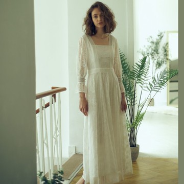 輕婚紗推薦HS2404Jennifer珍妮佛法式時尚蕾絲白長洋裝