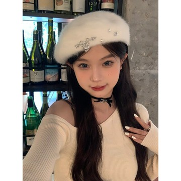 千金大女主 原創白色貝雷帽丘比特愛心秋冬毛絨小顯臉畫家帽子女