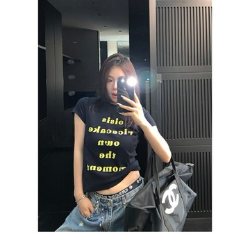 【RICECAKE & OISIS】美式字母 印花修身 短袖t恤 短款 高級感 百搭 上衣 女