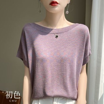 初色 一字領輕薄亮絲純色冰絲針織衫上衣短袖T恤女上衣-共4色-35928(M-XL可選)