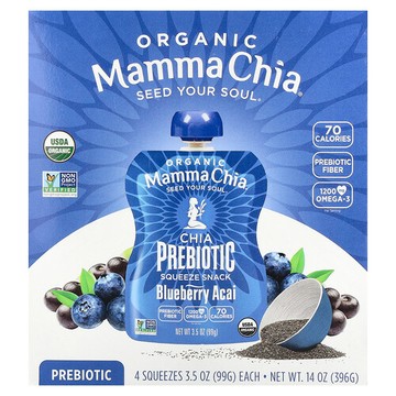 Mamma Chia, 有機奇亞益生元擠壓零食，藍莓巴西莓味，4 包，每包 3.5 盎司（99 克）
