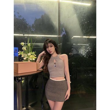 灰色掛脖針織背心女外穿夏季純欲風露臍辣妹短款內搭無袖挖肩上衣