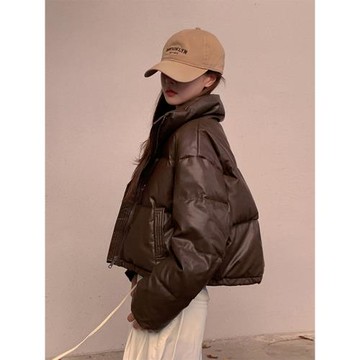 爆款棕色短款肯豆風pu皮棉服高領美拉德厚外套女2025新款冬季棉襖