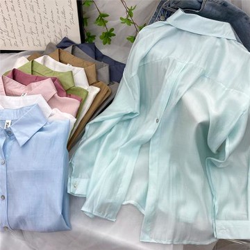 高級感后開叉天絲棉長袖防曬襯衫女夏輕薄冰絲洋氣質空調外搭上衣