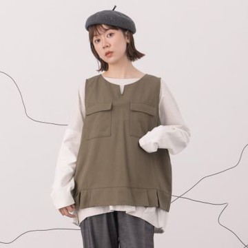 【MOSS CLUB】袋蓋口袋背後挖空活褶背心 藍 綠