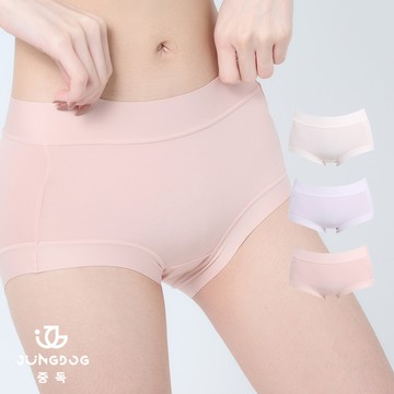 韓國  JUNGDOG 【3件組】高腰 輕無痕 蠶絲內褲 緞面褲頭 - 全色3入(杏膚色/淺紫色/粉橘色)-L