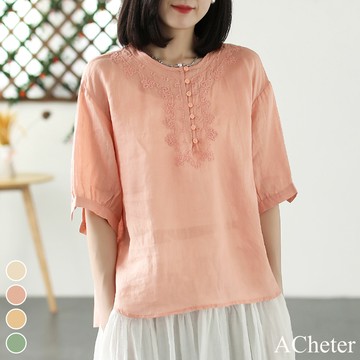 【ACheter】復古棉麻圓領刺繡寬鬆中袖圓領亞麻感短版上衣# 117855(現貨+預購)