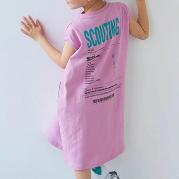 日本 devirock - 100%棉 俏麗印花無袖洋裝-英文logo-桃粉