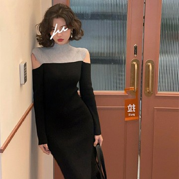修身顯瘦收腰中長款包臀裙2022港風高級感撞色露肩針織連衣裙女潮