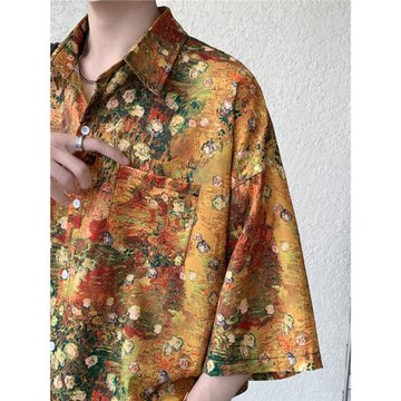 cleanfit古著巴洛克襯衫男短袖高級感油畫襯衣英倫雅痞夏威夷外套