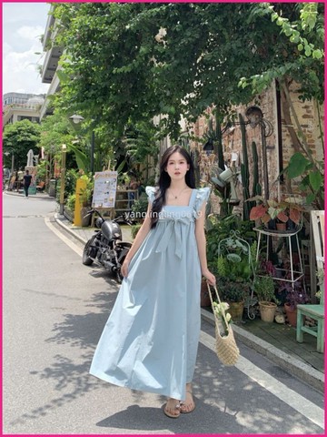 甜美減齡露背方領小飛袖蝴蝶結綁帶洋裝夏季新款氣質顯瘦長裙 JKLM