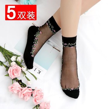 棉底水晶絲襪子女中筒襪秋季薄款透明玻璃絲襪花朵吸汗防滑防勾絲