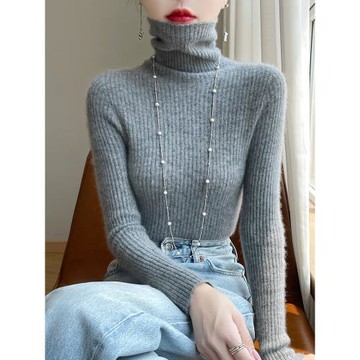 高領羊絨打底衫女灰色高翻領加厚套頭內搭修身顯瘦羊毛針織衫毛衣