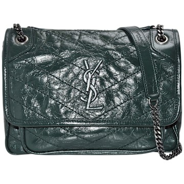 YSL 經典NIKI BABY系列墨綠金屬LOGO鍊條揉製漆皮翻蓋肩/斜背包(墨綠)