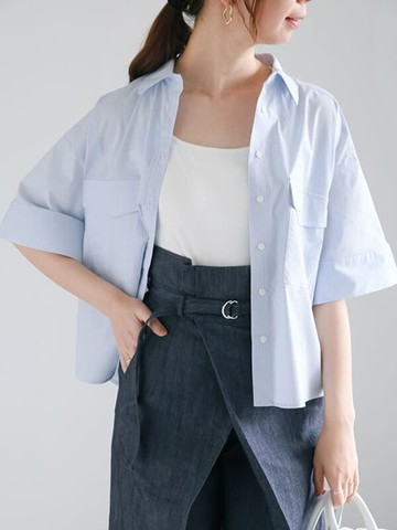 素面/條紋雙口袋短版翻領襯衫(0F000749710) - Te chichi