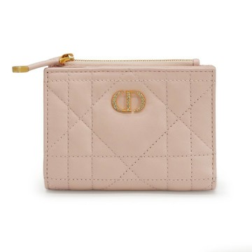 Dior Caro Dahlia 籐格紋羊皮水鑽logo對開釦式短夾(S4208-粉)