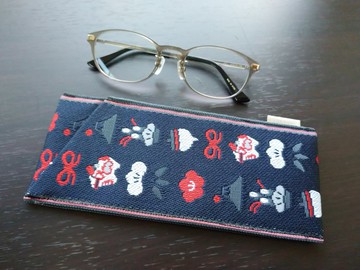 畳緣眼鏡盒 尊貴的紋樣【富士山、梅、松樹・・・】藍色 日本製 手作