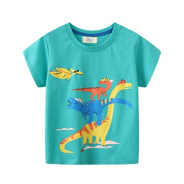 Jumping meters - 棉質圓領短袖上衣-可愛恐龍-綠色