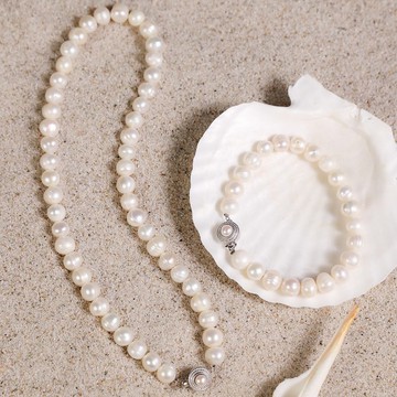 天然白色淡水珍珠項鍊手鏈套裝 珍珠插片扣 S925銀配件