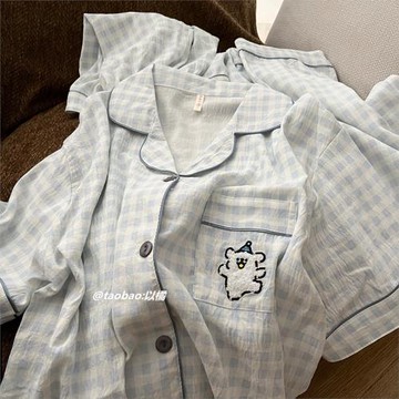 格子睡衣女2025新款夏季短袖三件套純棉卡通可愛日系可外穿家居服