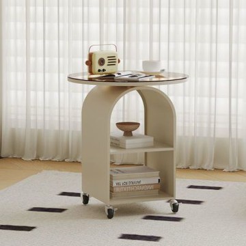 可移動邊幾 客廳帶輪玻璃 茶幾簡約小圓桌臥室床邊桌置物架-萬向輪-防火耐高溫 莫氏硬度高-茶色玻璃