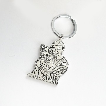 純銀照片影雕鑰匙圈 2主體 毛小孩 生日禮物 雕刻 客製 紀念 寵物