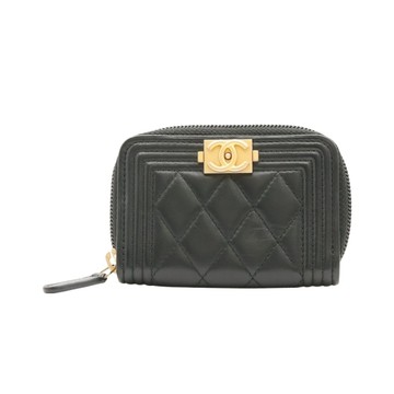 CHANEL 香奈兒 Boy 拉鏈 卡包 黑色 羊皮 無卡 A80602 【二手名牌BRAND OFF】