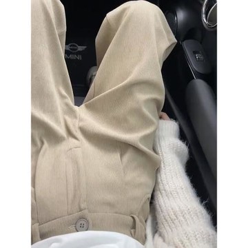 卡其色燈芯絨西裝褲女春秋季2024新款高腰顯瘦垂感休閑直筒闊腿褲