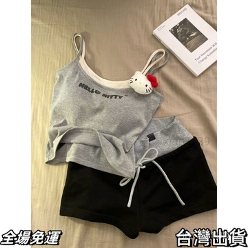 速.發 假兩件弔帶睡衣女2025春夏新款帶掛件背心短褲傢居套裝 台出