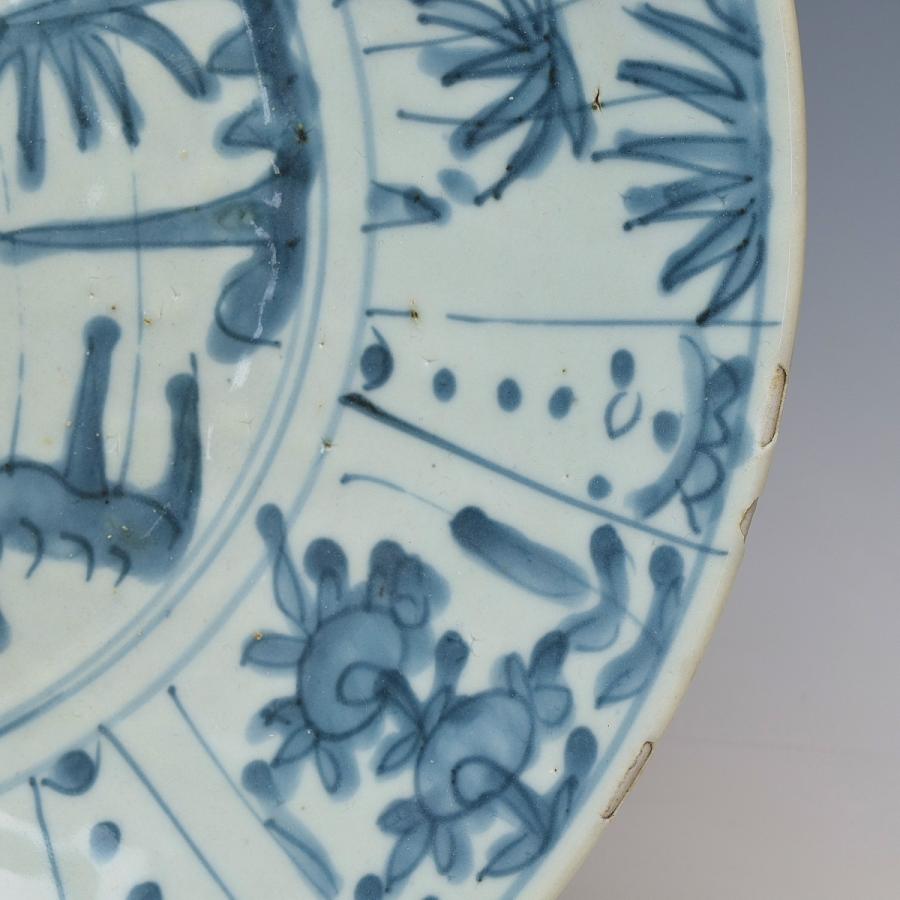  中国古玩　明時代　古染付花鳥図飾り皿　直径３４，３ｃｍ　本物保証　Ｗ１４６１