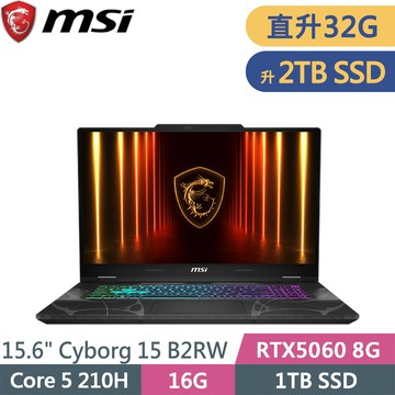 微星 Cyborg 15 B2RWFKG-276TW-SP4 黑(Core 5 210H/32G/2TB SSD/RTX5060 8G/W11/15.6)特仕筆電