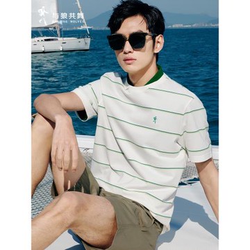 【純棉】與狼共舞圓領短袖T恤男2025夏季新款透氣條紋撞色男上衣